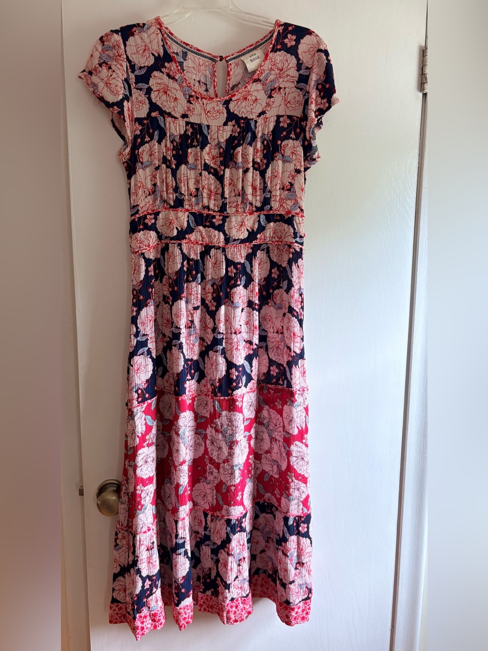 Knox Rose Navy, Pink and Red Floral Tiered Midi Dress, Cottage core, feminine